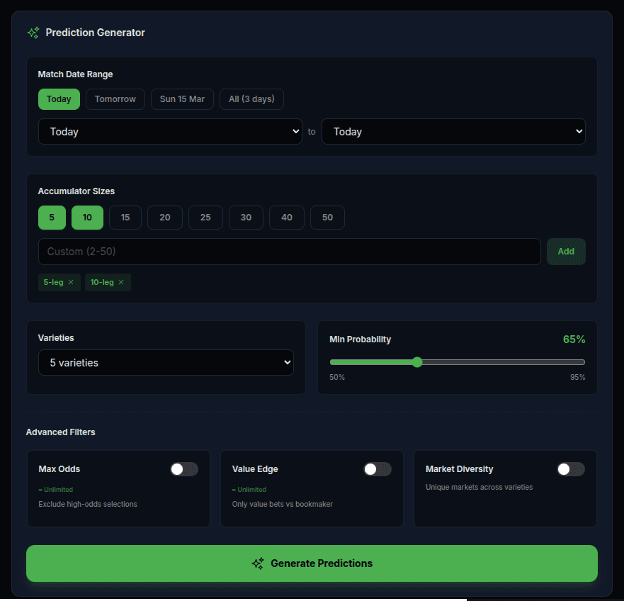 PicaTip AI Prediction Generator - Configure acca size, probability threshold, and advanced filters